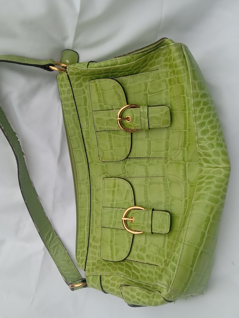 Green Croc-Embossed Shoulder Bag with Gold Buckle Detail